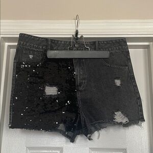fab'rik Black Distressed Sequin Denim Shorts